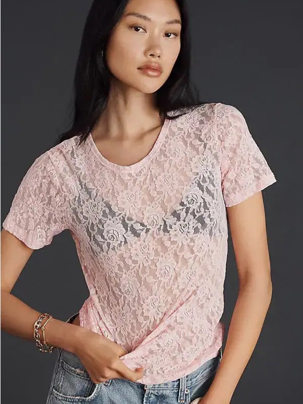 NWT Threaded Rose Sheer soft Pink Lace Short Sleeve Tee